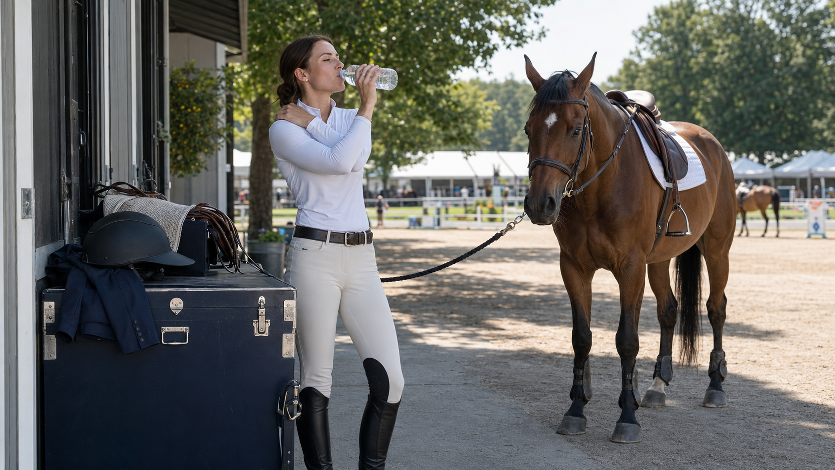 Rider drinking water beside her horse between classes at a summer horse show