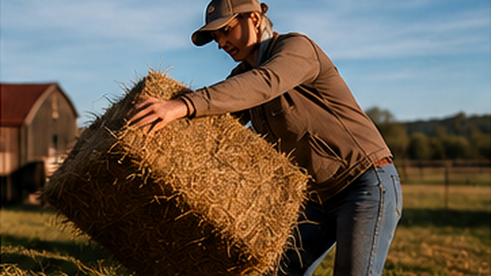 Ranch worker lifting a hay bale during barn chores