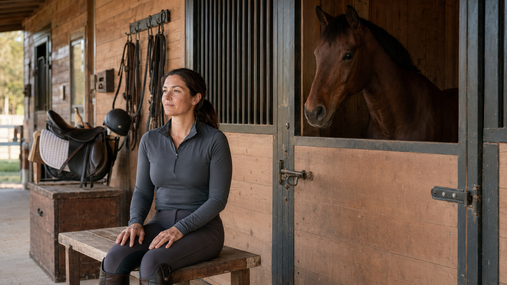 Rider taking a quiet recovery pause beside her settled horse in a barn