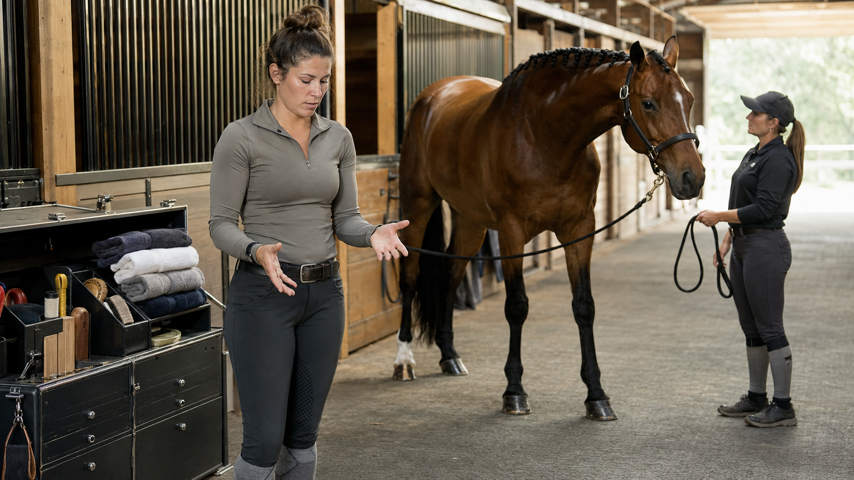 Show groom relaxing her hands beside a calm horse and handler in a barn aisle