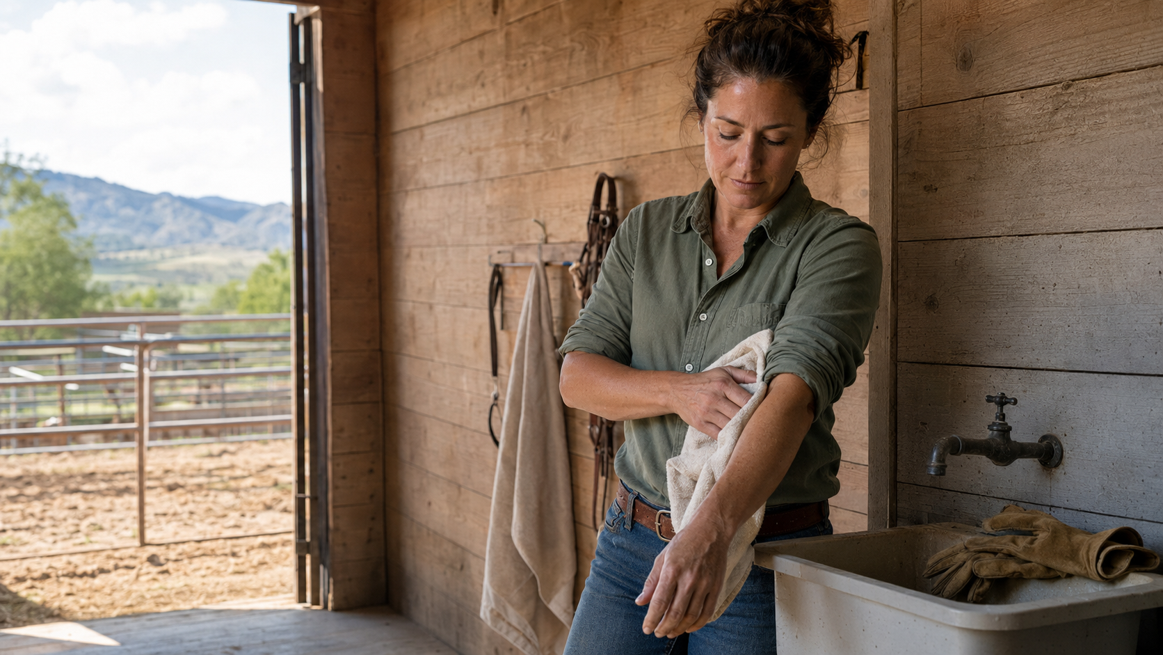 Ranch worker drying clean forearm skin beside a barn wash sink after chores