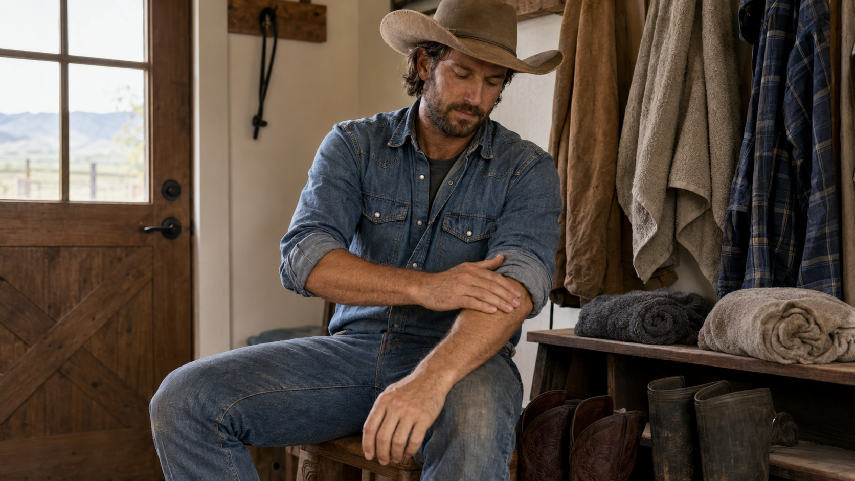 Ranch worker massaging a forearm after chores in a mudroom