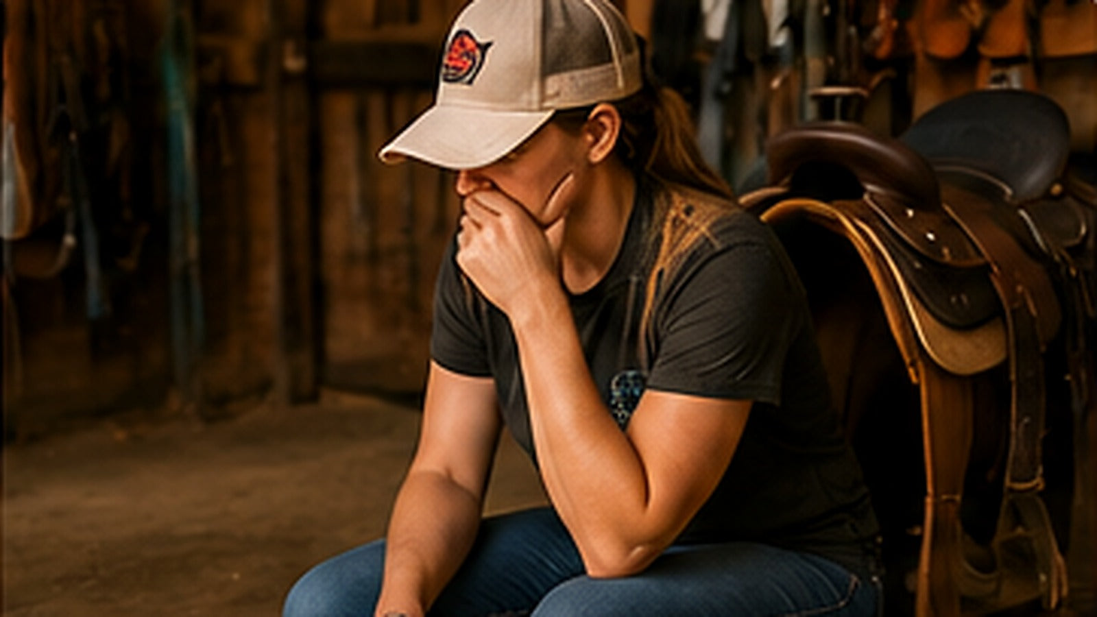 Tired rider sitting beside a saddle after a demanding barn day