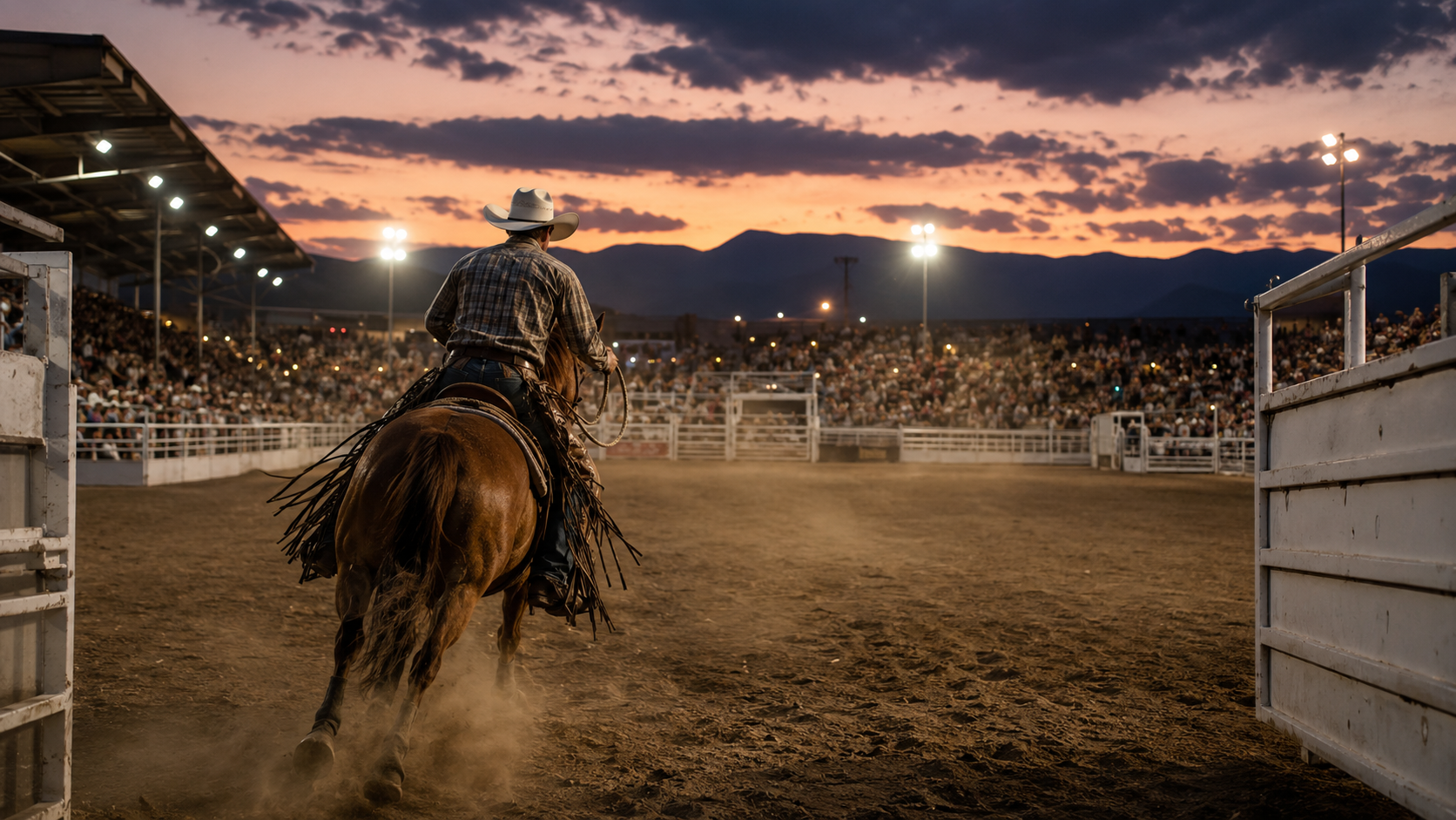 Rodeo rider entering a Nevada arena at dusk