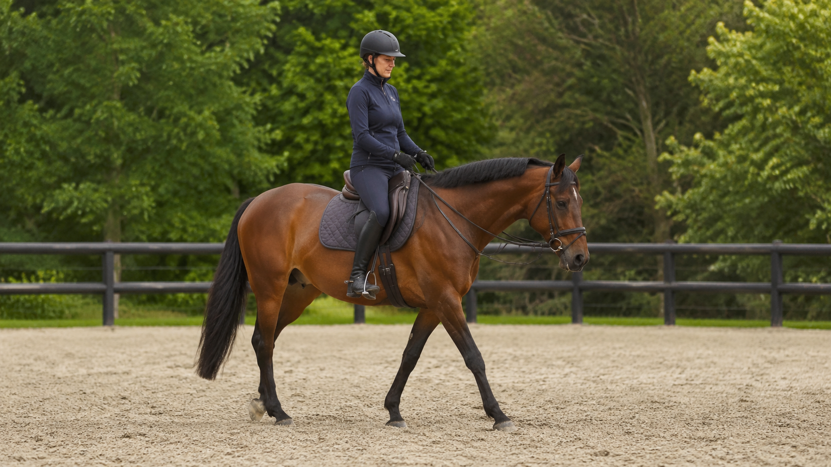 Rider calmly walking a horse while simplifying a ride that started wrong