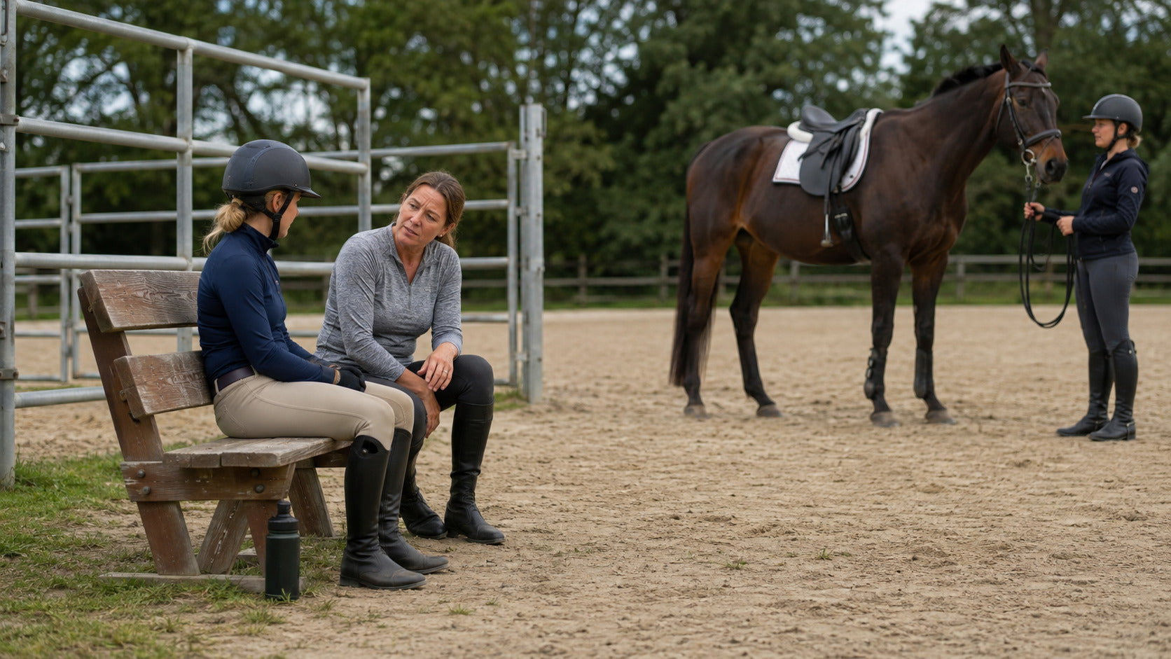 Rider pausing after a fall while another person holds the horse