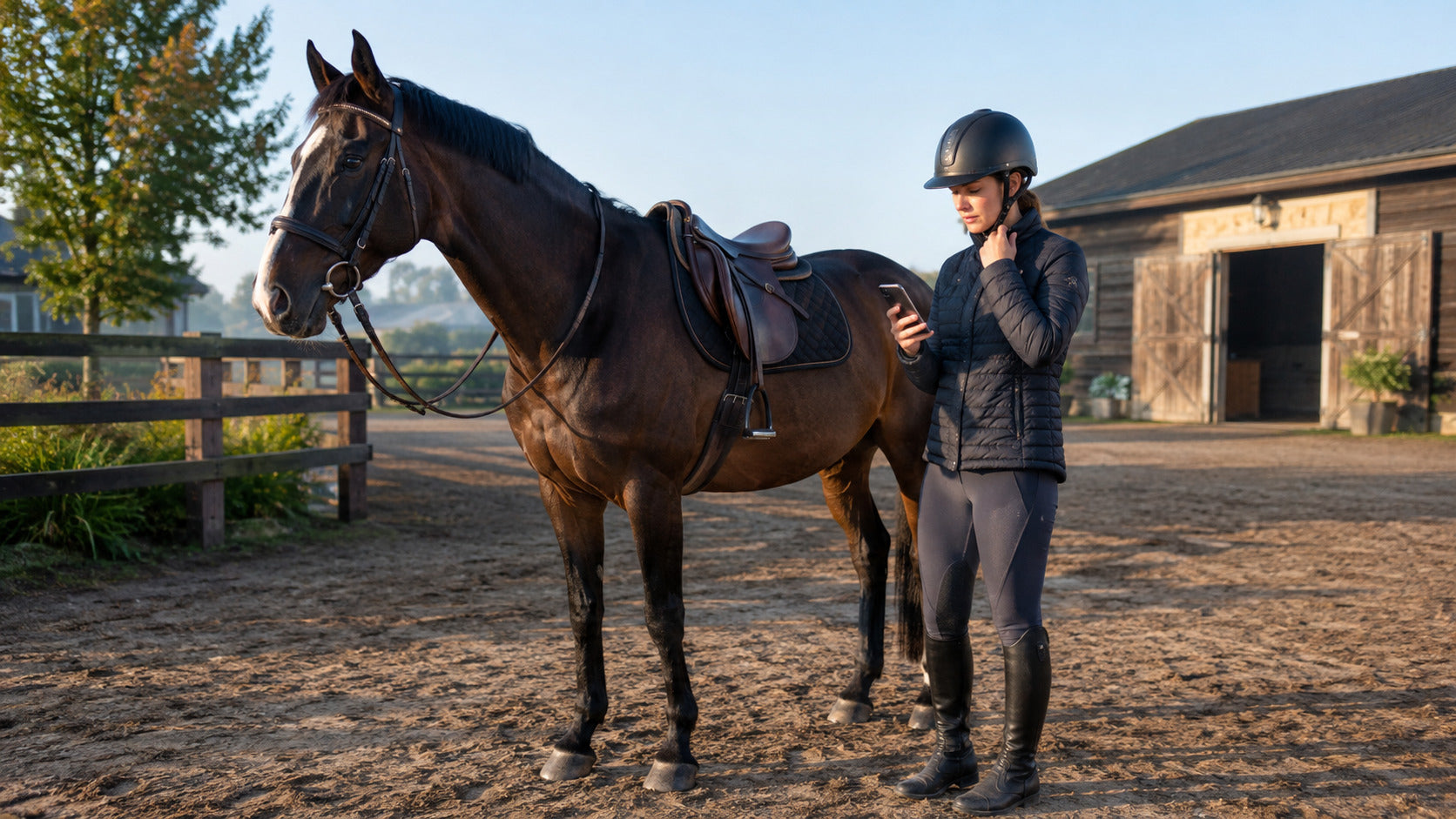 Helmeted rider preparing carefully before riding alone