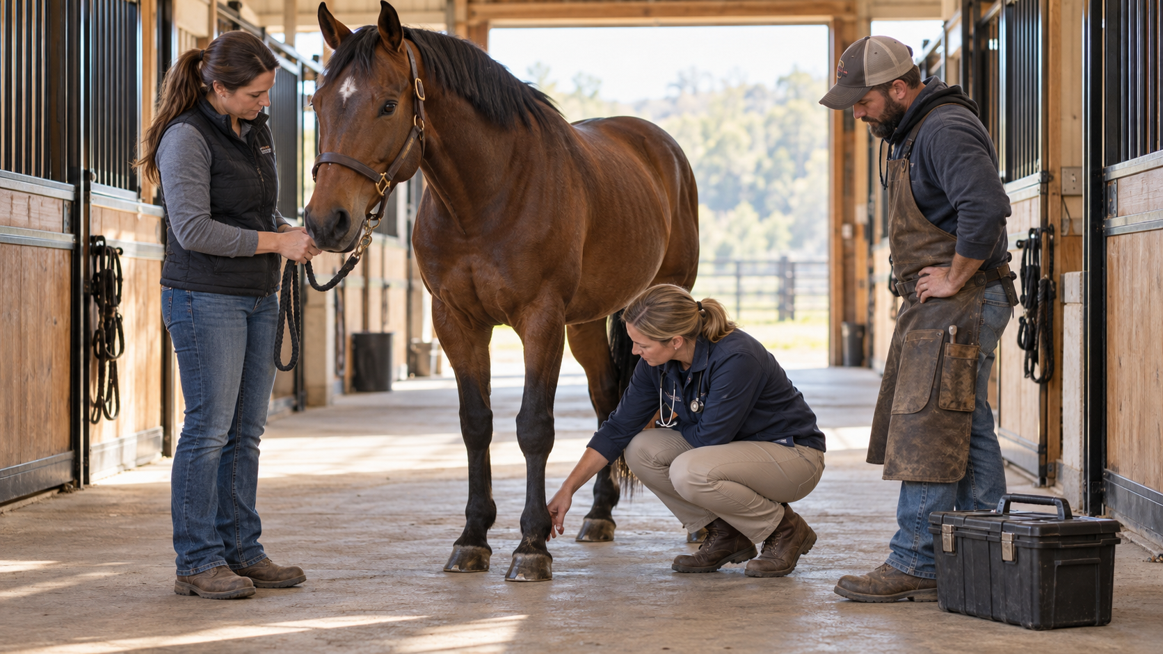Veterinarian and farrier examining a horse’s lower leg and hoof in a barn aisle