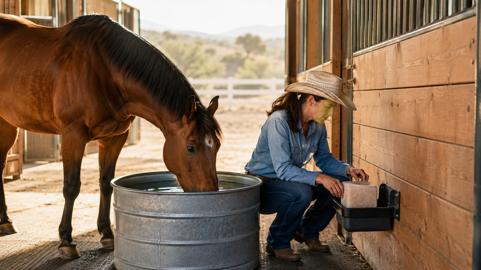 Horse drinking beside an owner checking a salt block in the stall