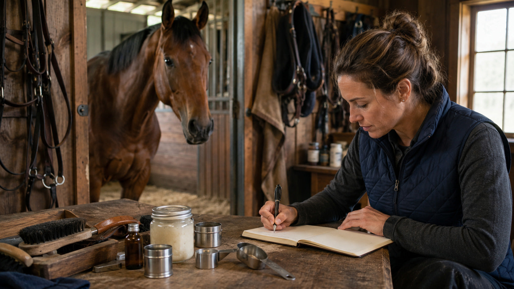 Horse-care product developer recording barn observations