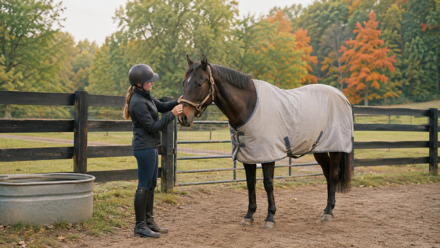 Rider checking a blanketed horse during the late-summer to fall transition