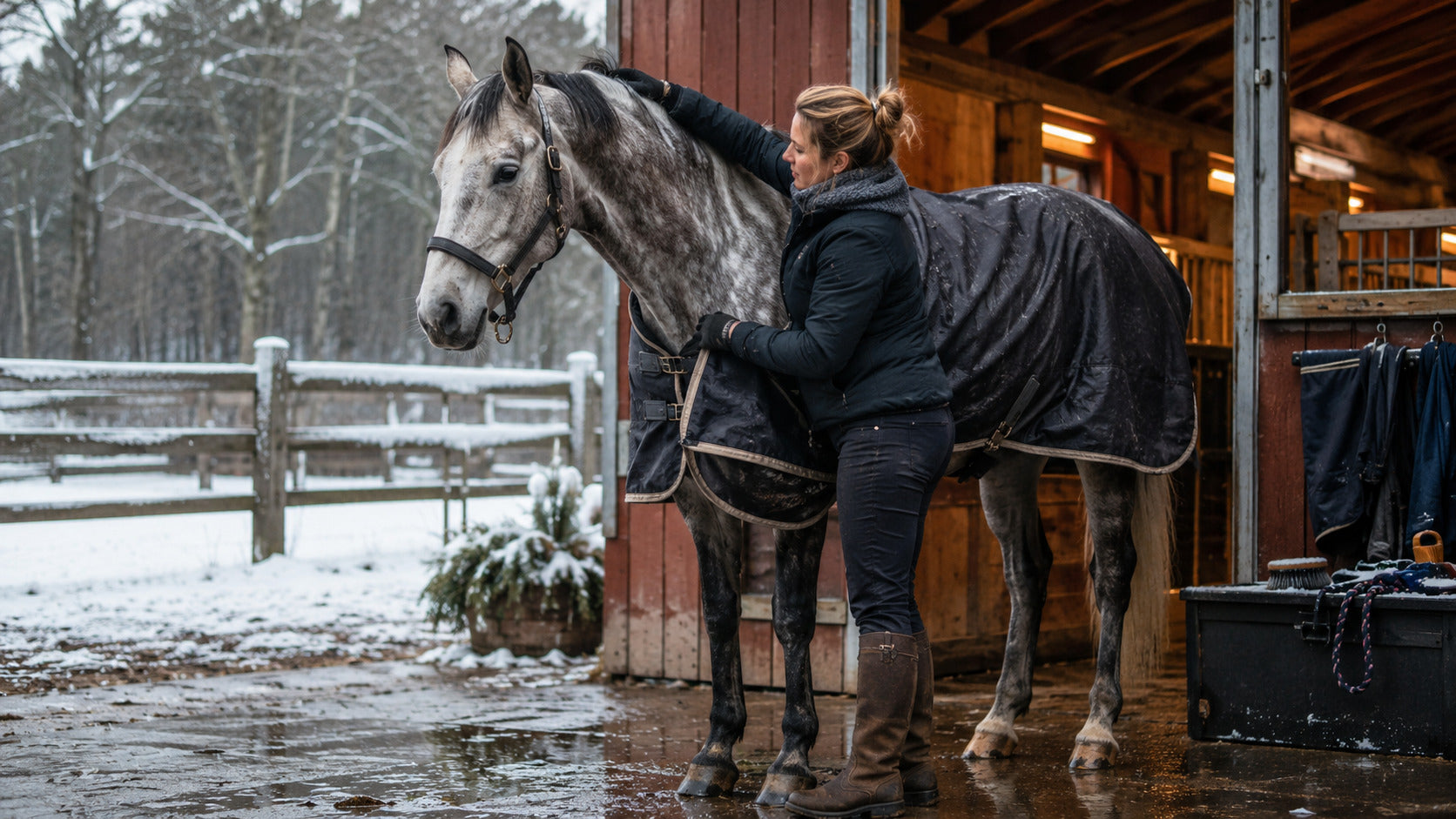 Horse with a healthy natural mane standing between snowy and summer pasture conditions