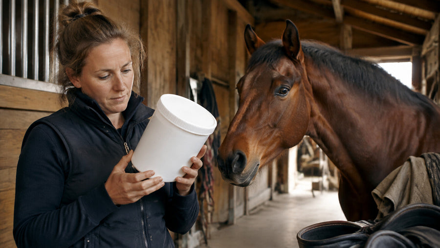 Horse owner reading a product label carefully in a tack room