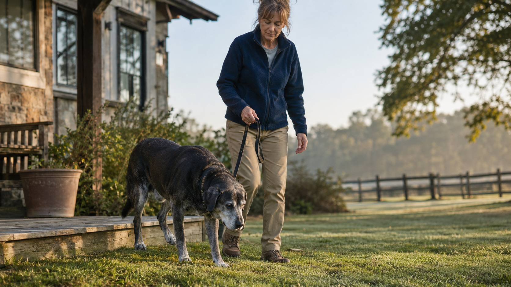 Owner watching a senior dog’s first steps on a quiet morning