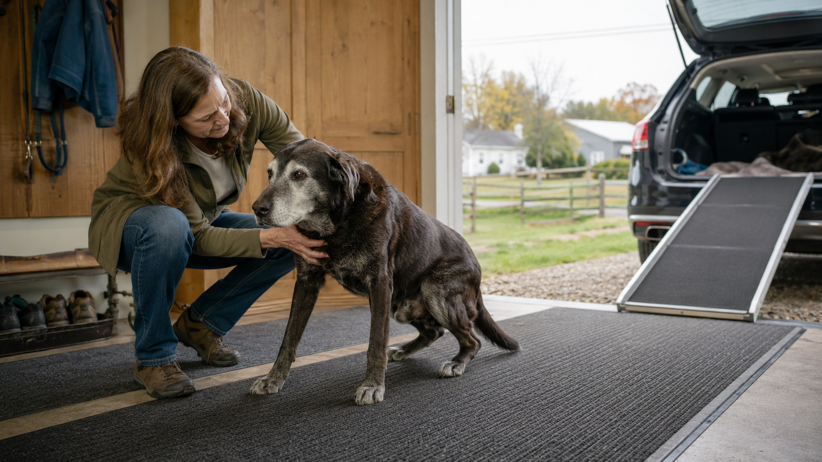 Owner supporting a senior dog on a nonslip floor near a vehicle ramp