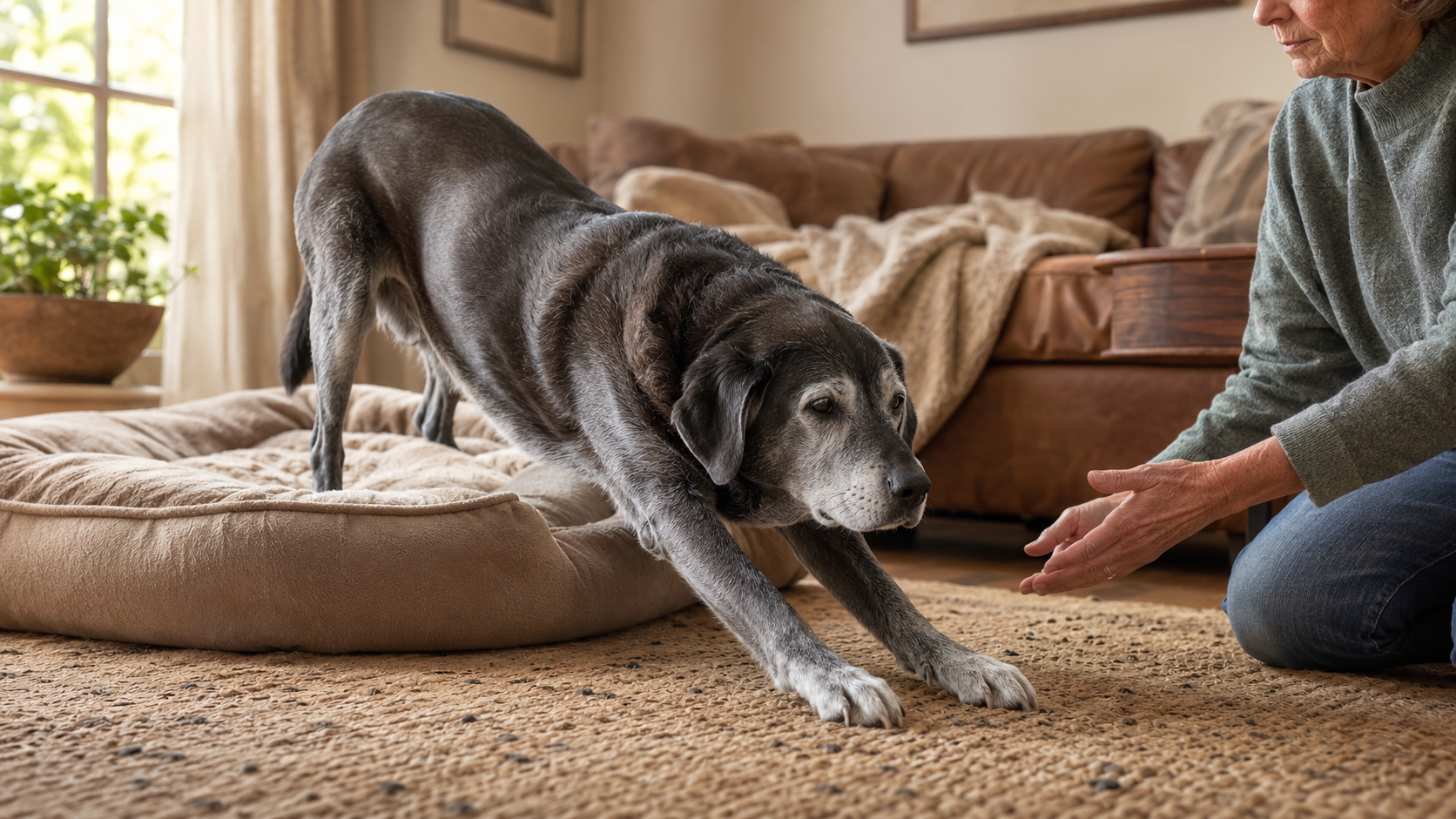 Senior dog stretching after rising from its bed during a simple reset routine