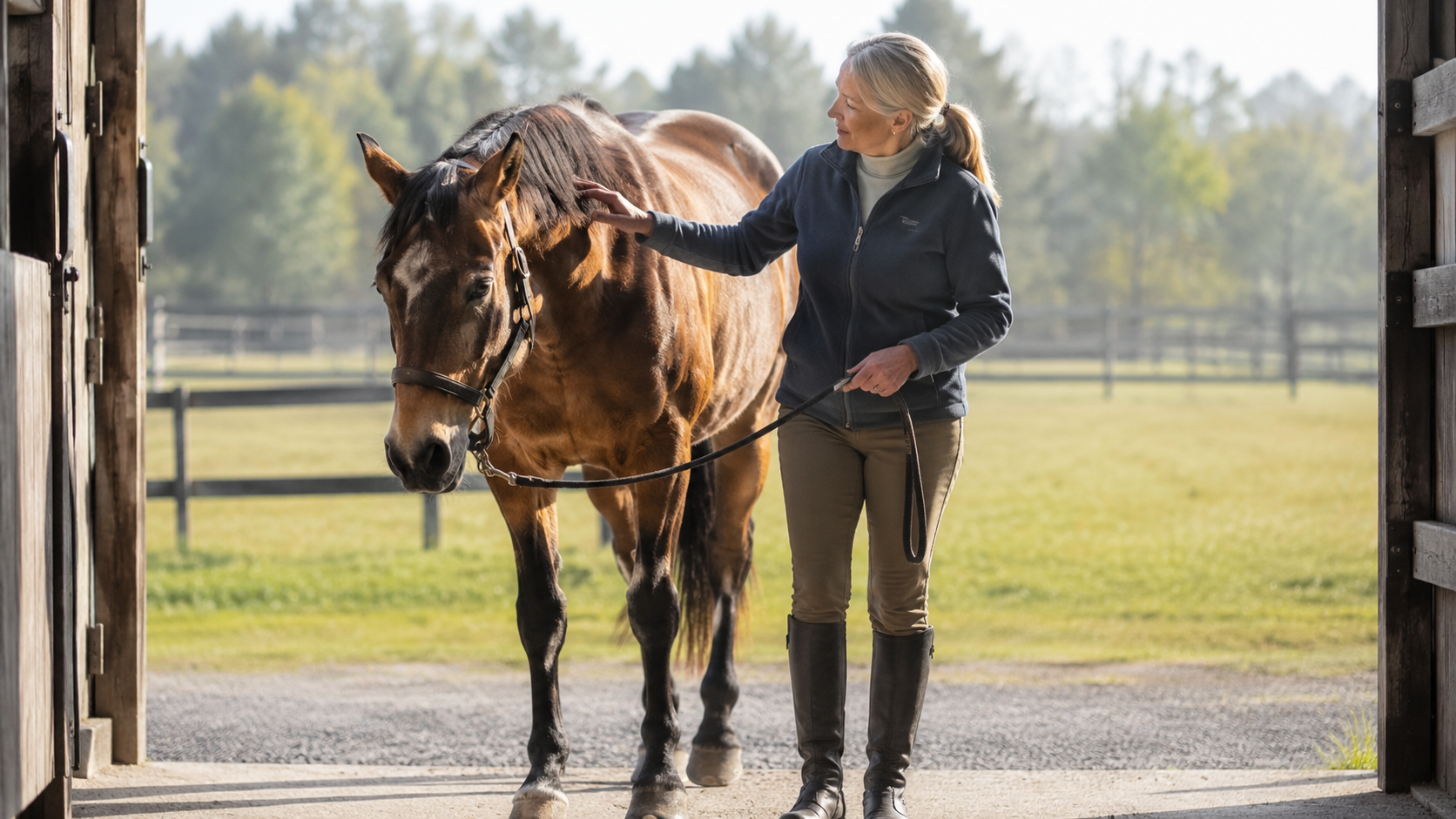 Owner walking gently with a senior horse on a quiet farm lane