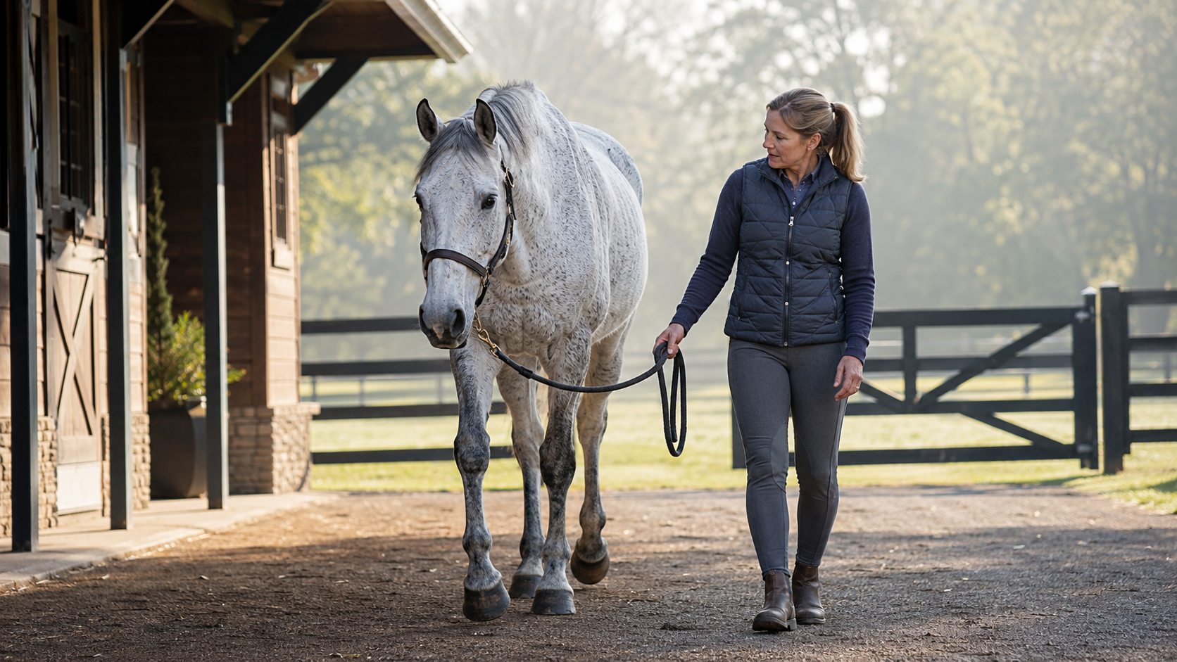 Owner observing an older gray horse walking on level barn footing