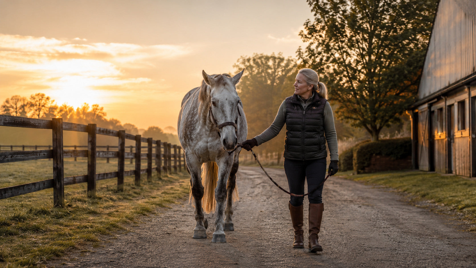 Owner hand-walking a senior gray horse at sunrise