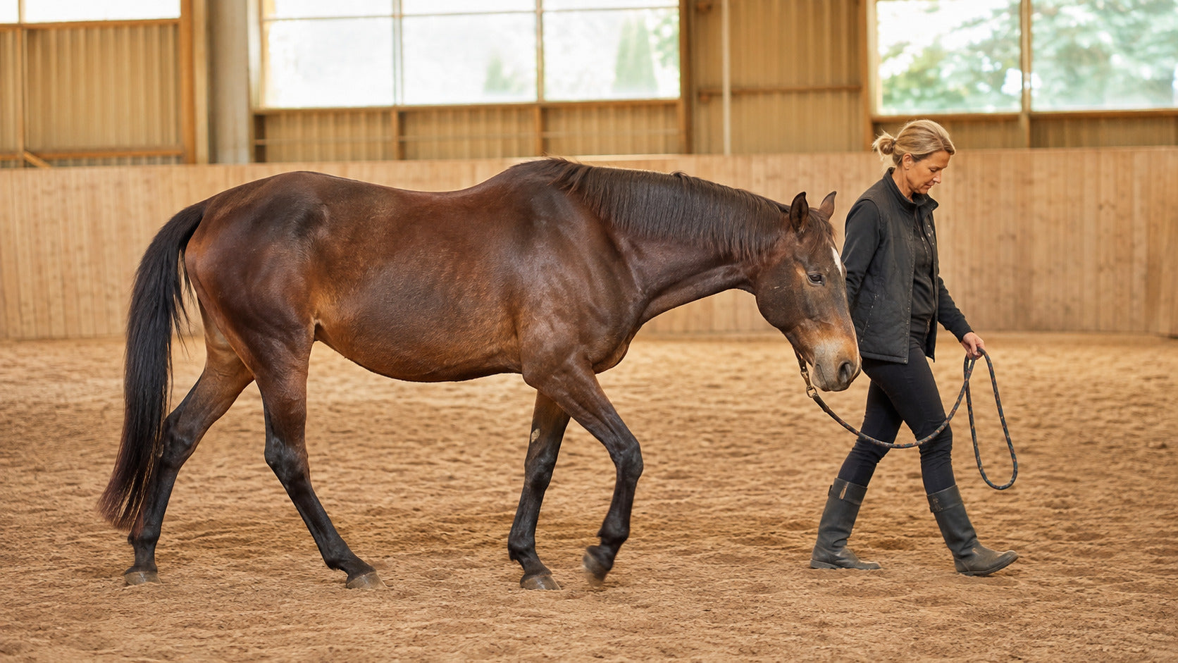 Senior horse walking comfortably with a handler in a quiet arena