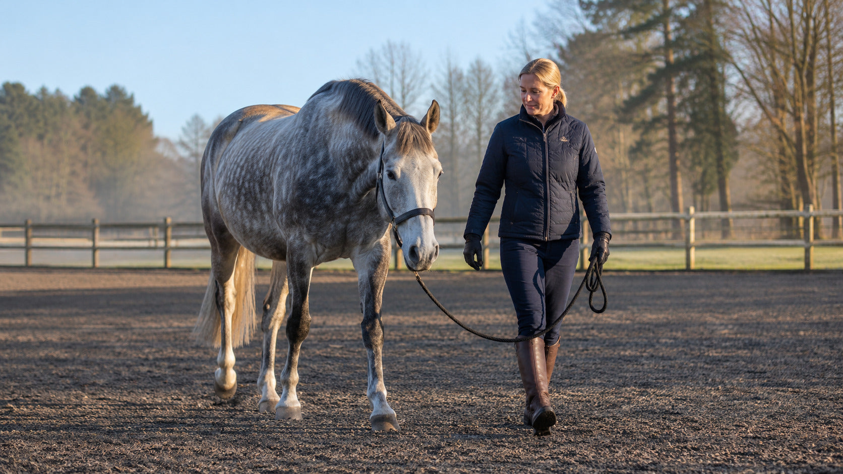 Senior horse walking beside a handler during a gradual warm-up
