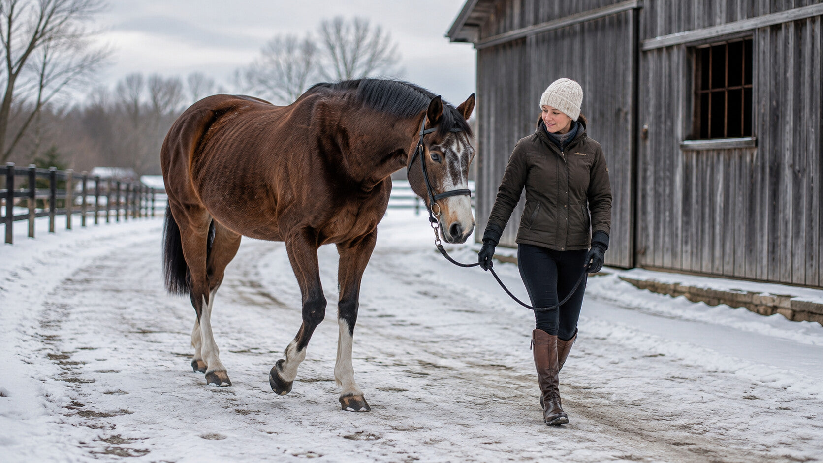 Senior horse walking beside a handler on a winter lane