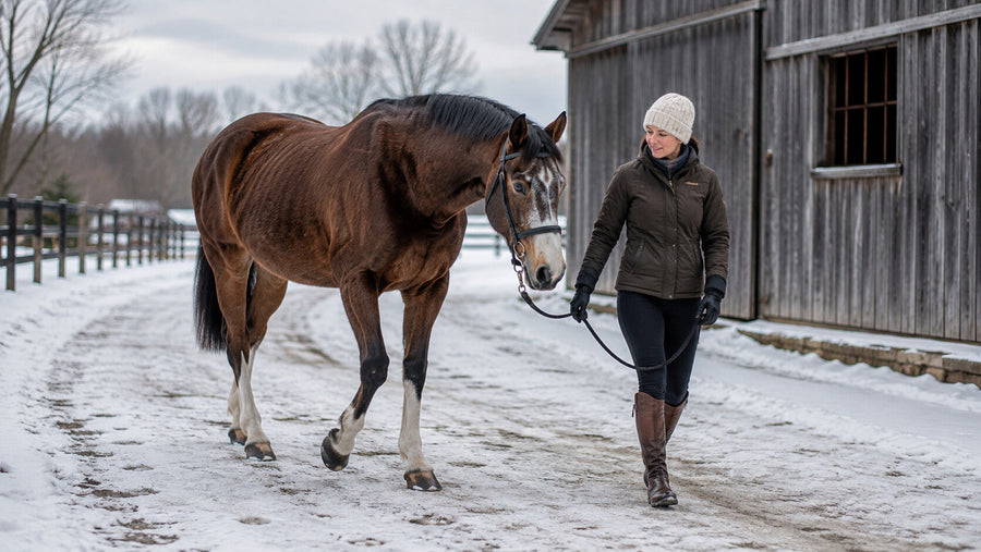 Senior horse walking beside a handler on a winter lane