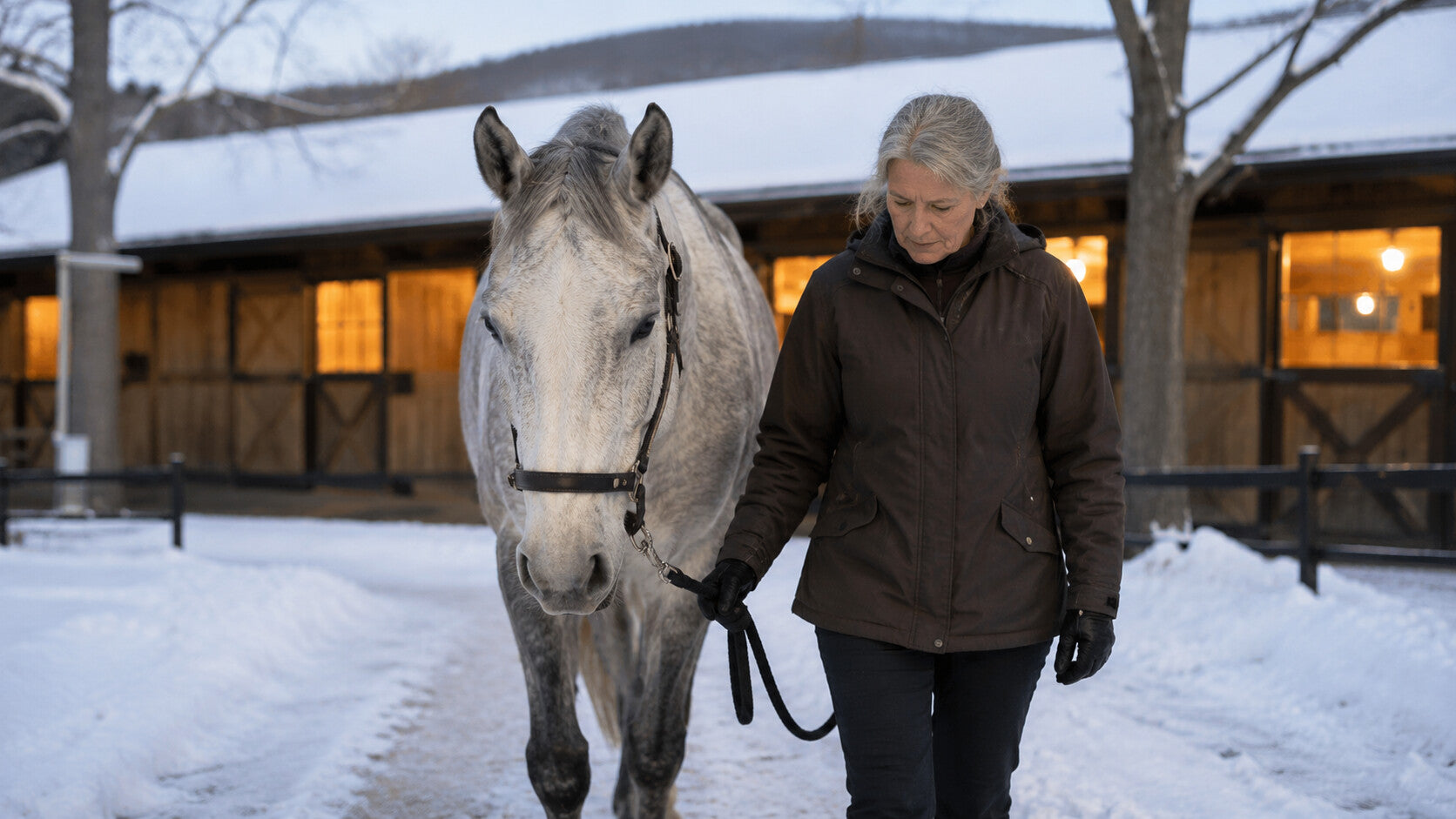 Senior horse walking with a handler on a clear winter path