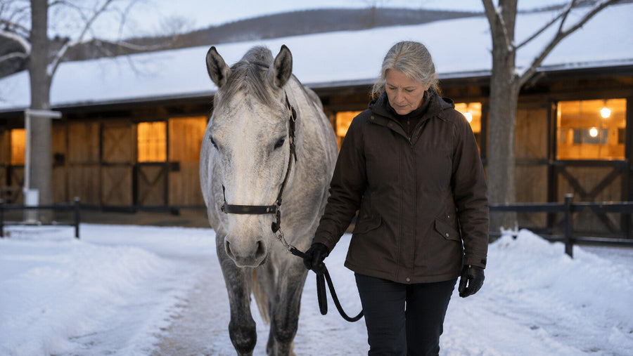 Senior horse walking with a handler on a clear winter path