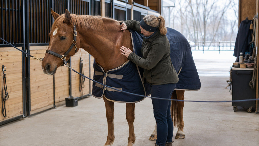 Caretaker checking skin beneath a senior horse’s winter blanket
