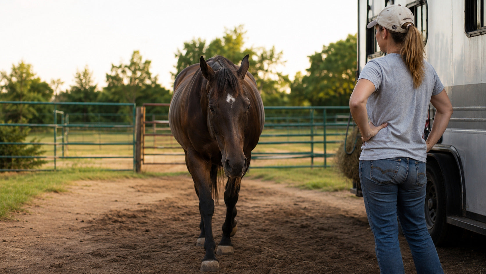 Barrel horse owner calmly checking movement instead of relying on topical sensation