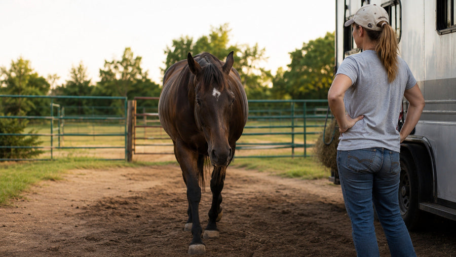 Barrel horse owner calmly checking movement instead of relying on topical sensation