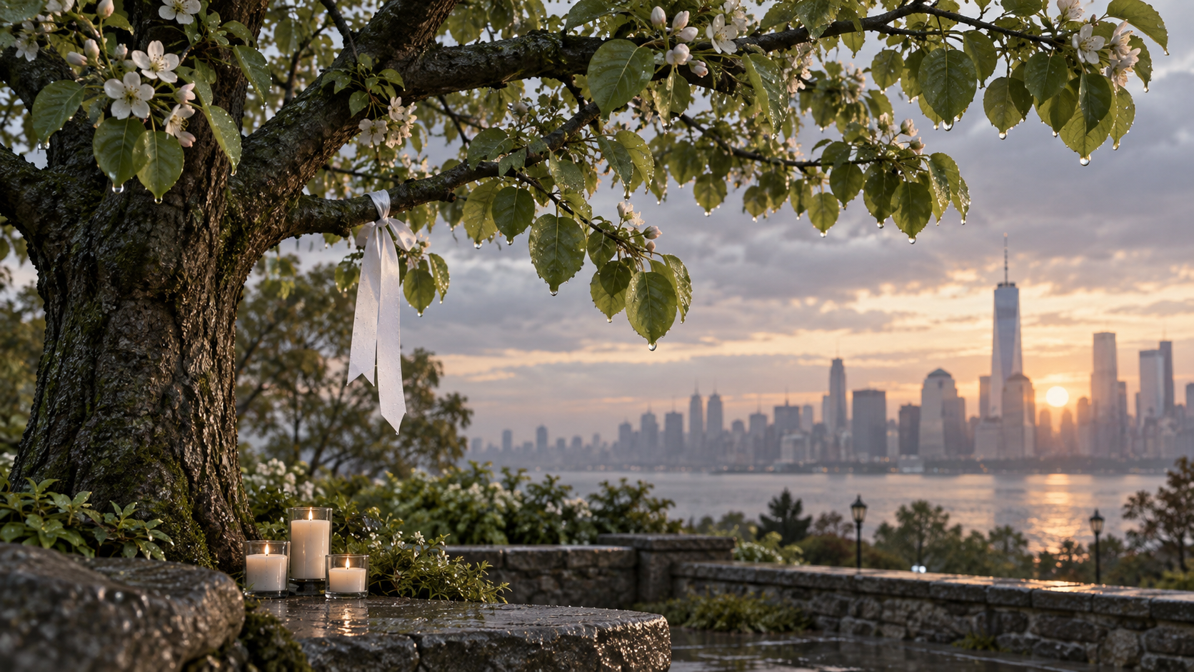 Rain-dappled pear tree with remembrance candles and the New York skyline at dawn