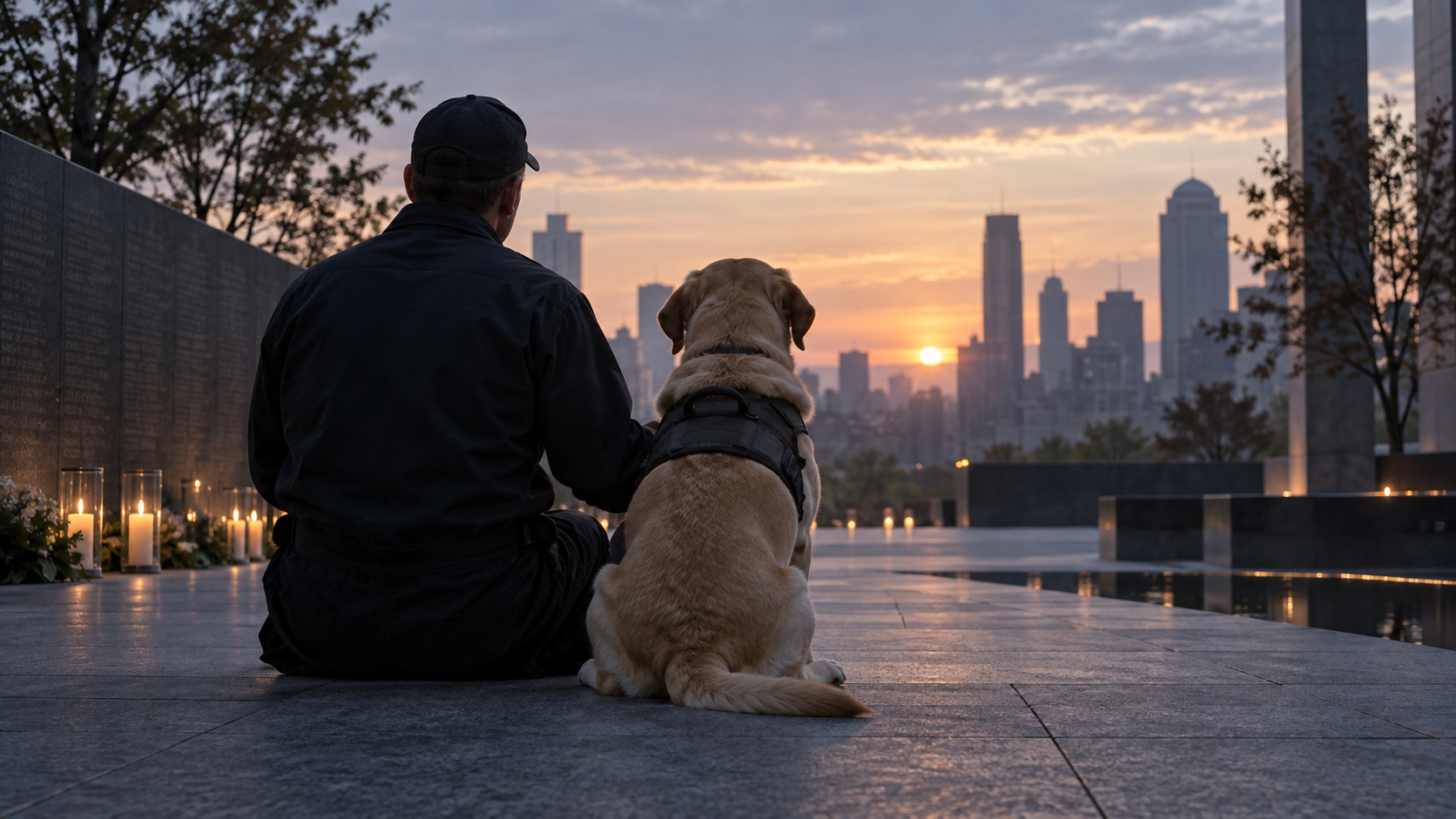 Search and rescue dog and handler seated together at a quiet memorial at dawn
