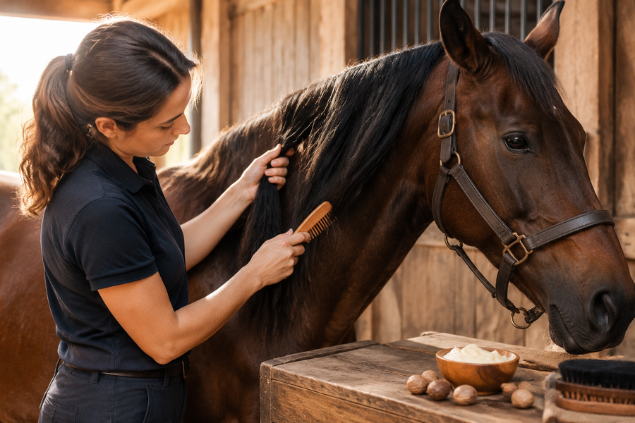 Horse owner grooming a dark mane beside shea nuts and butter