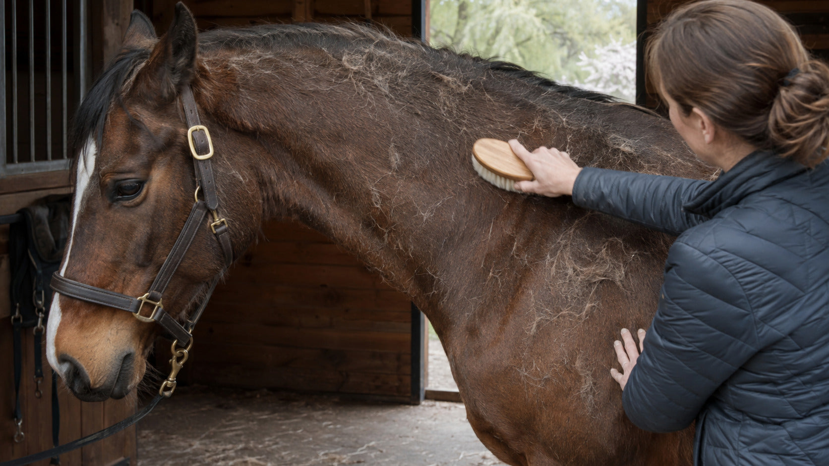 Horse owner checking the topline and tack area during spring shedding