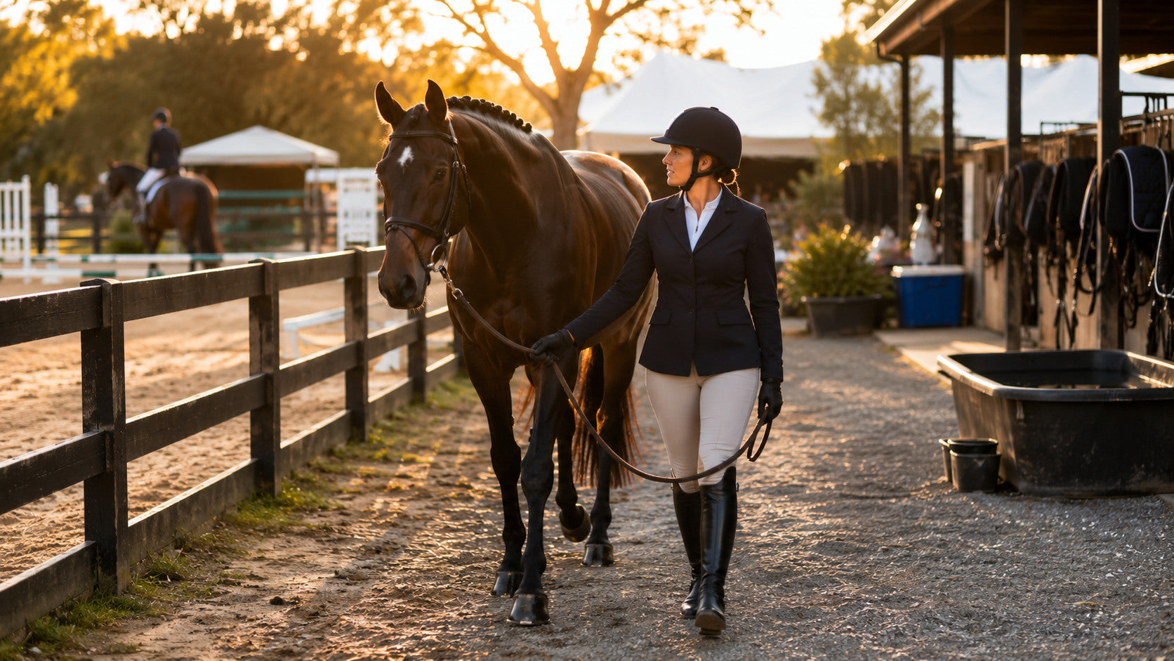 Rider hand-walking a show horse between classes