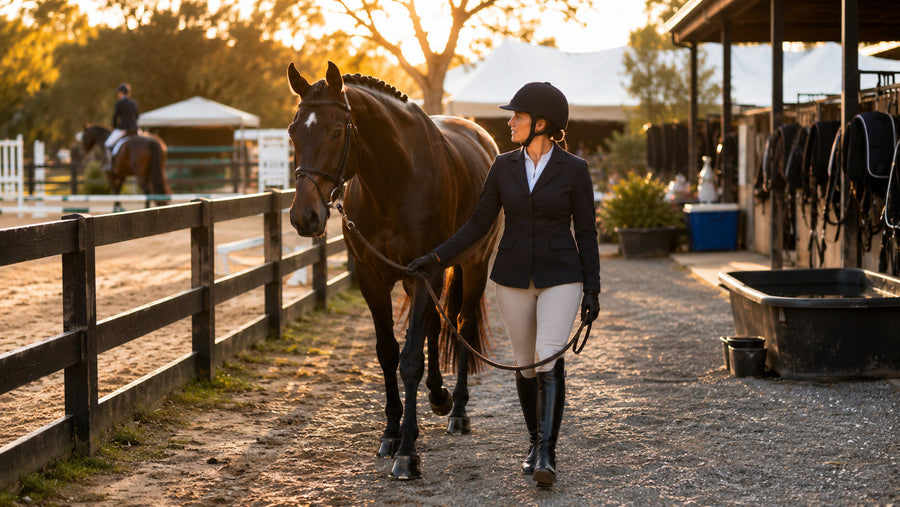 Rider hand-walking a show horse between classes