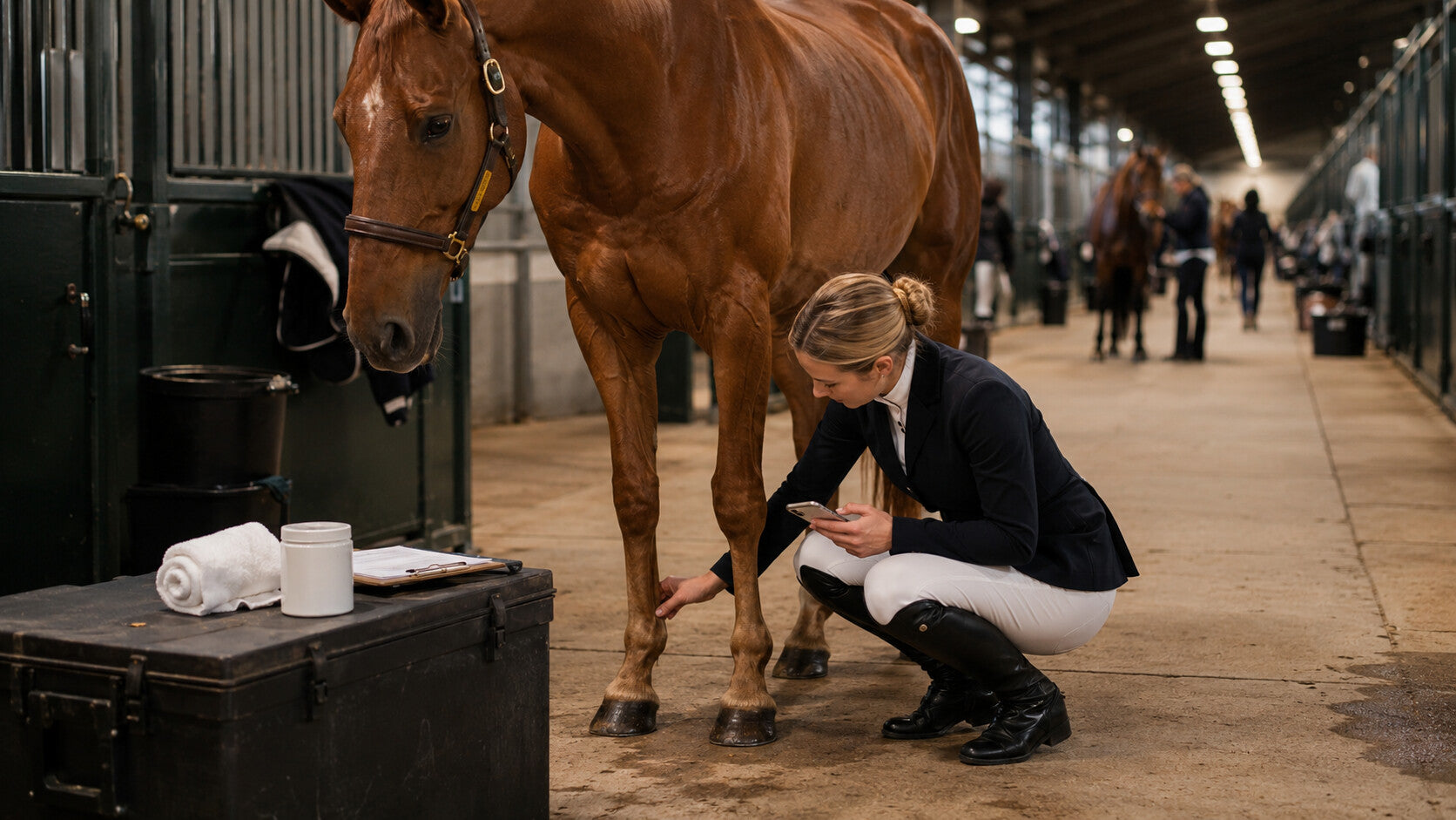 Competition rider checking a horse's legs and current care rules