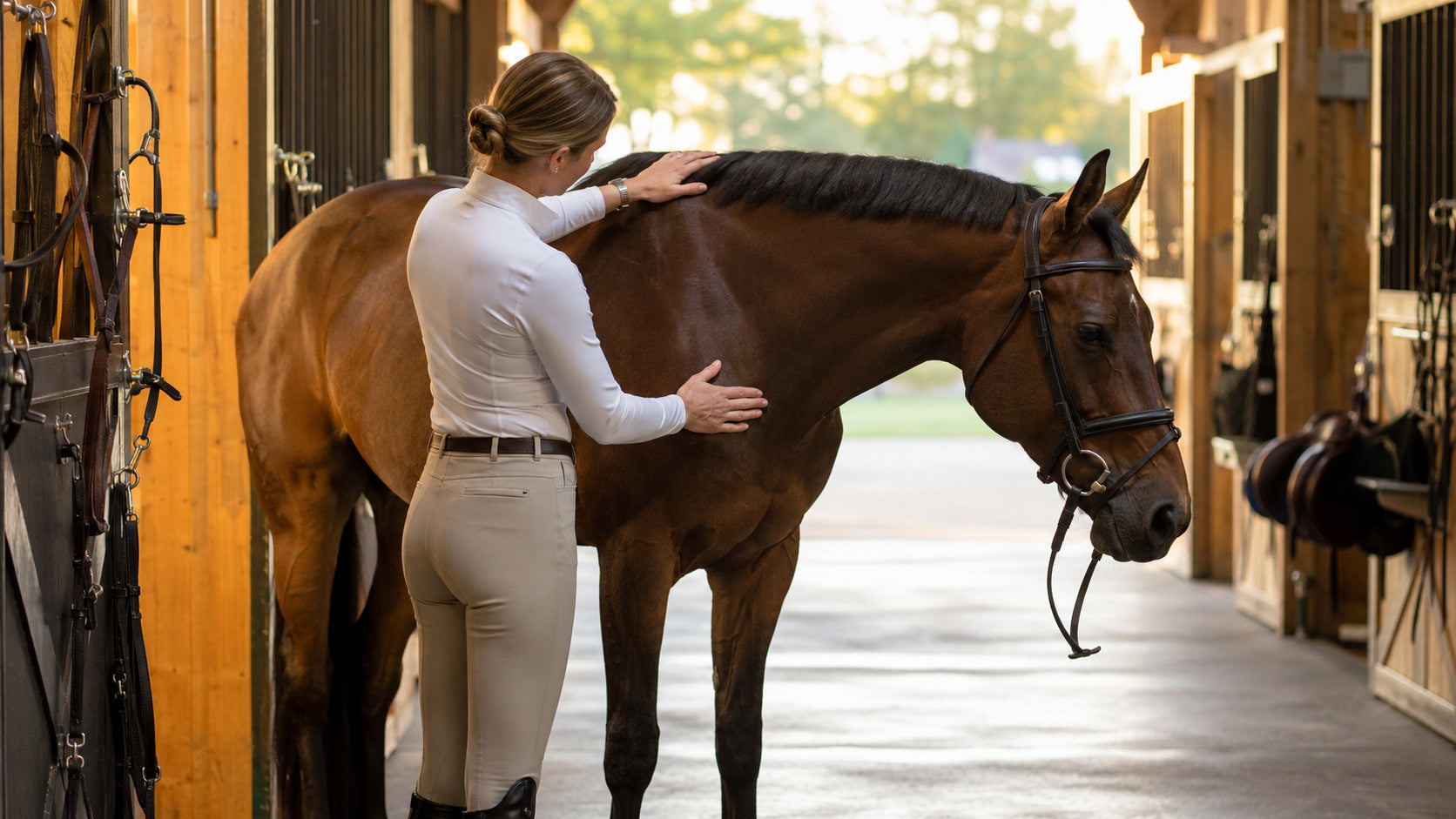 Show rider checking a horse's shoulder and topline after competition
