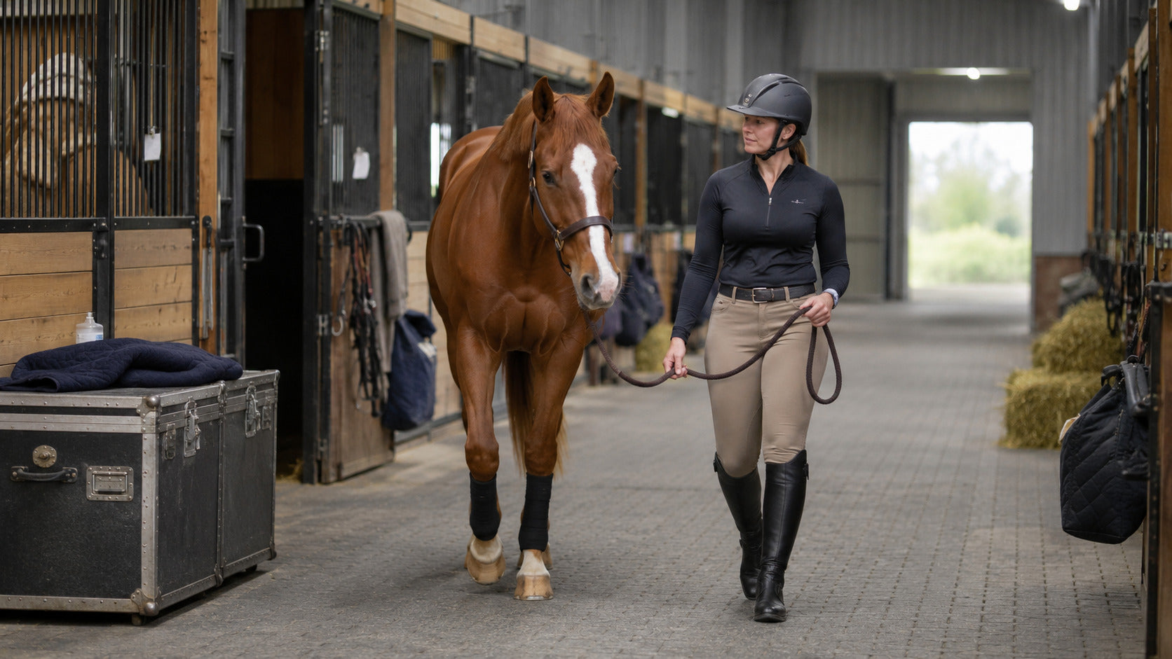Horse hand-walking in a show barn after travel