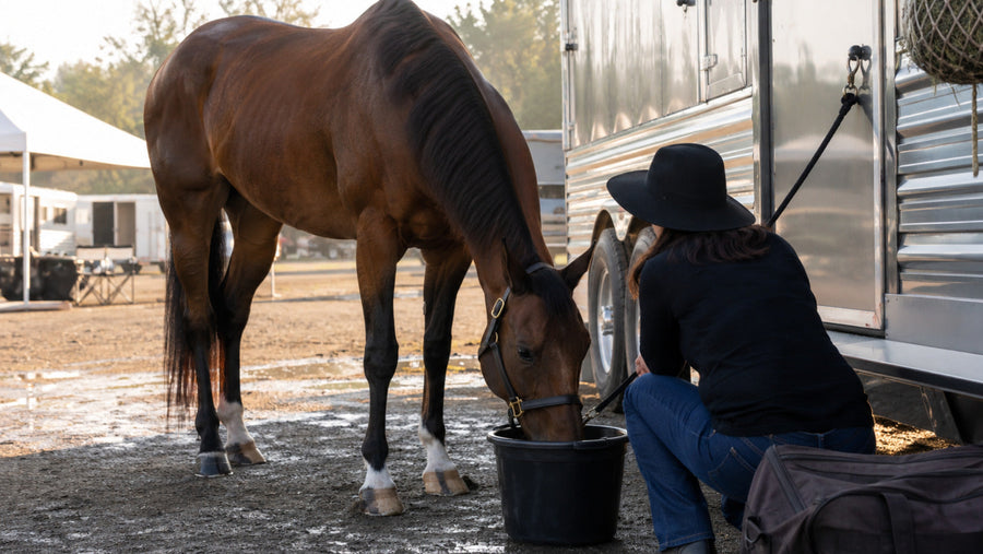 Horse drinking from a familiar clean bucket beside a trailer at a show