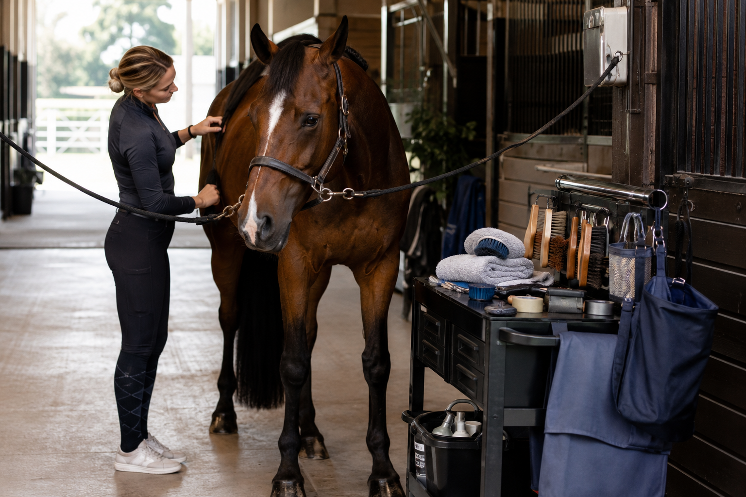 Horse beside an organized show-grooming station in a clean barn aisle