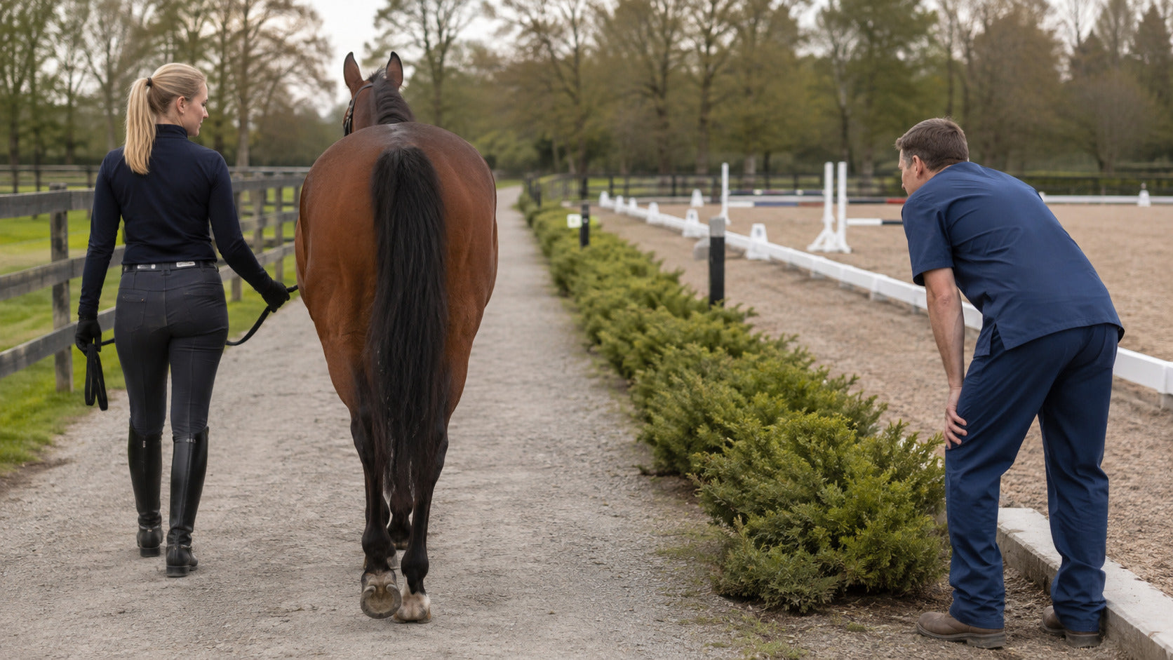 Veterinarian and rider observing a horse walking in hand