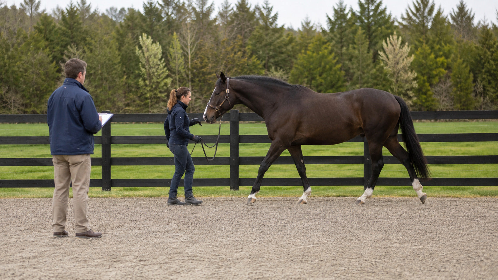 Veterinarian observing a horse hind-end movement on a straight line