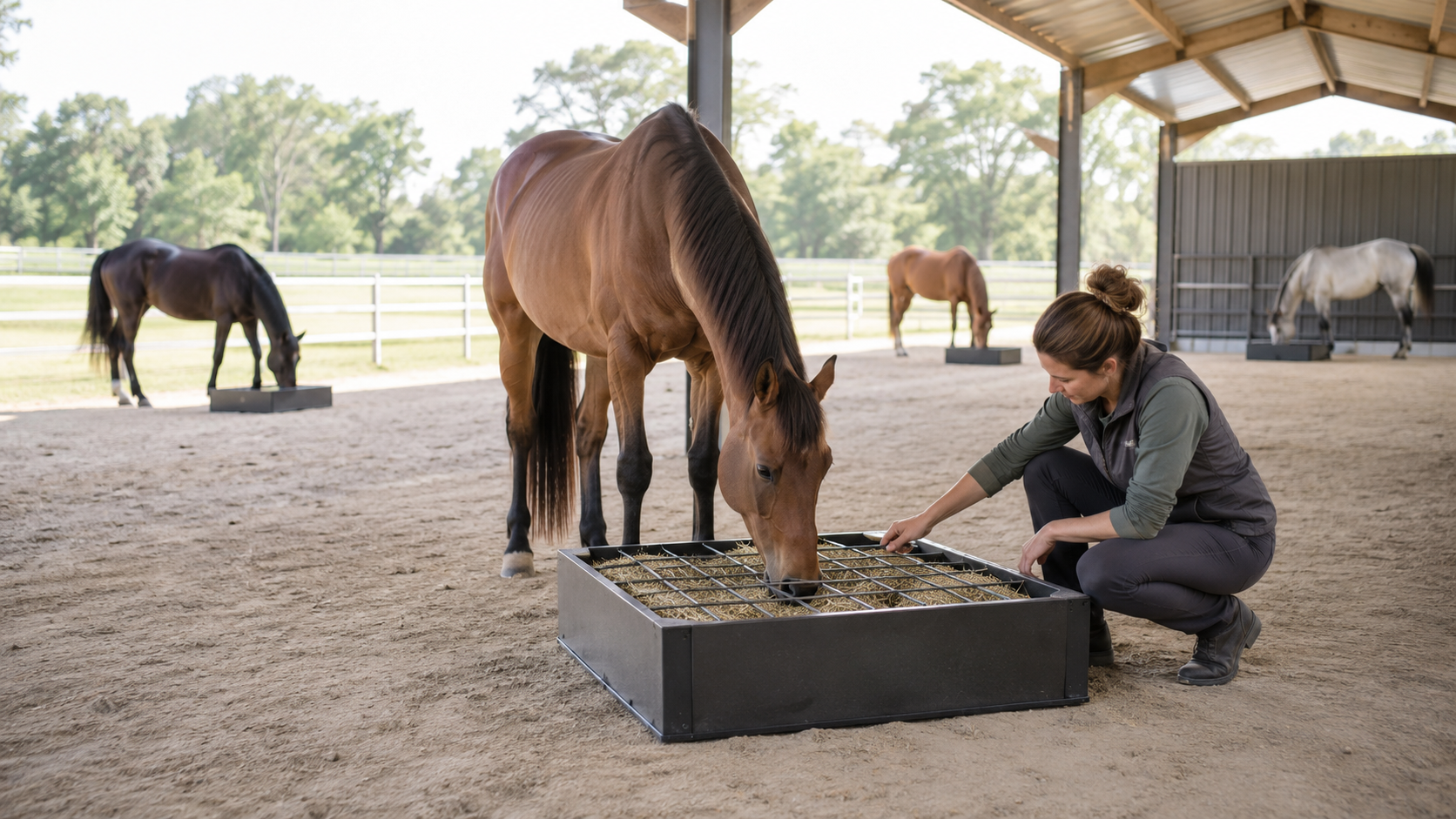 Horses eating safely from ground-level slow-feed hay boxes