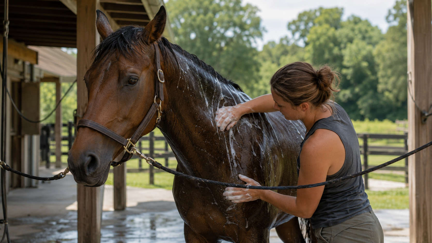 Horse owner gently bathing a horse at an outdoor wash rack