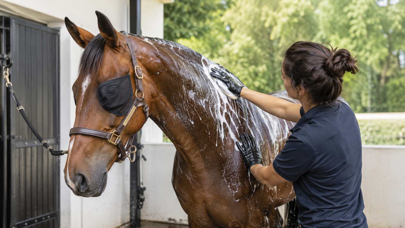 Gentle horse shampooing at a clean outdoor wash rack
