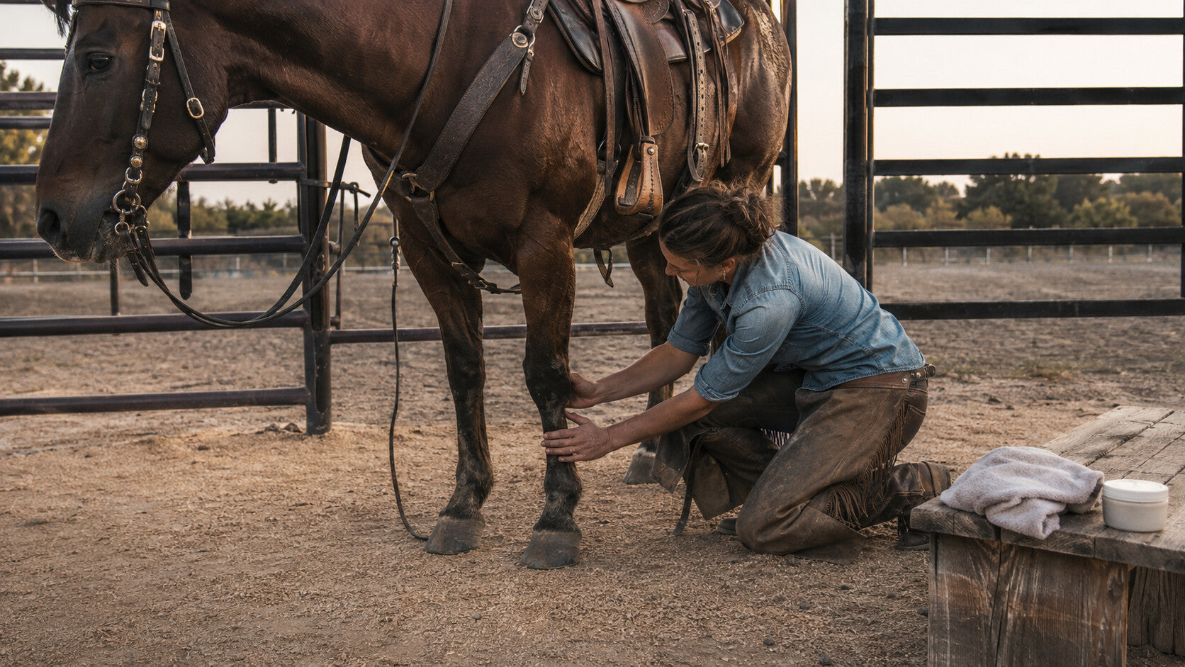 Rider checking a hard-working horse's lower legs after training