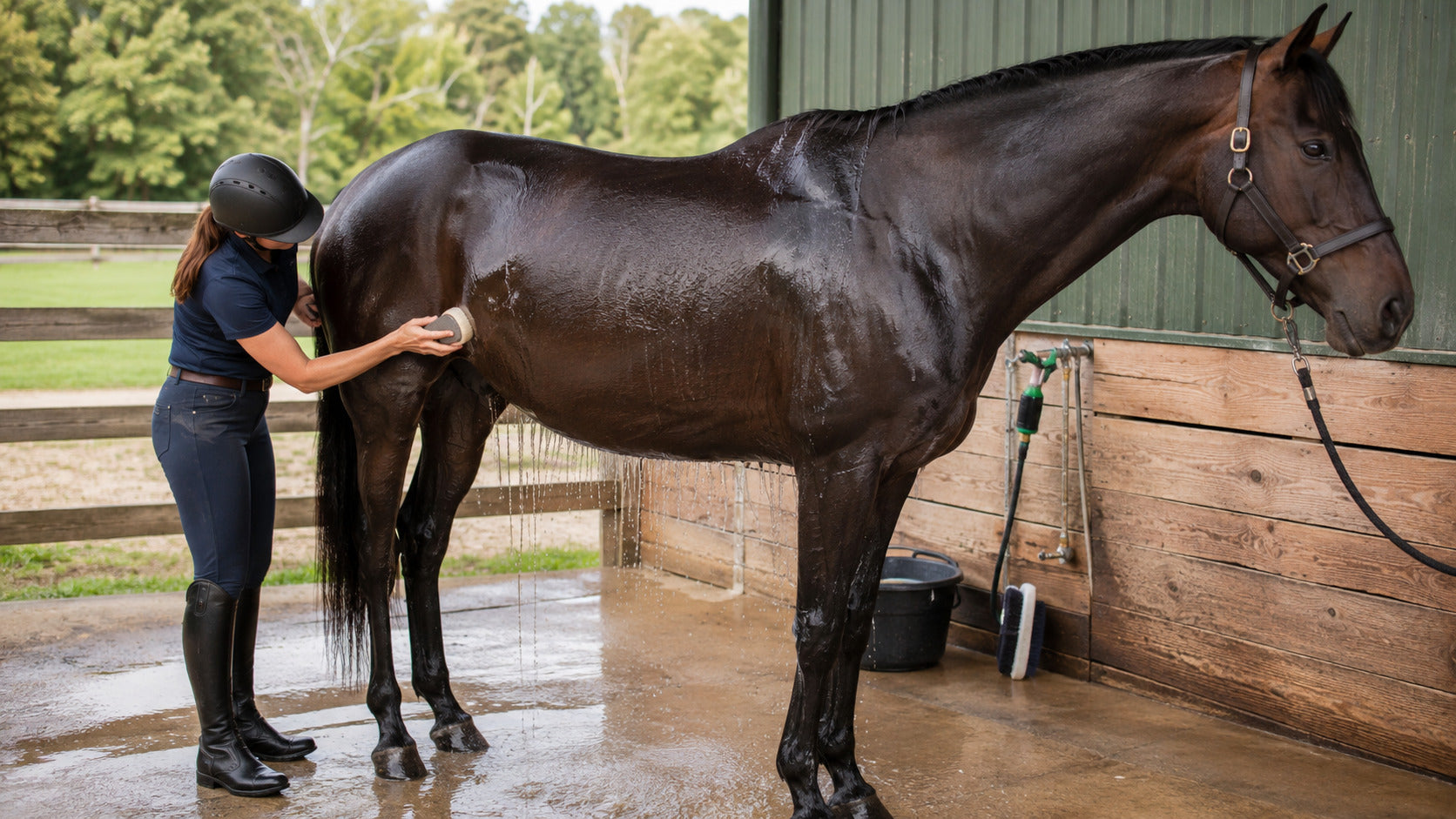 Rider cooling, scraping, and drying a horse after work